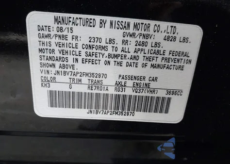 2015 Infiniti Q50 Premium from USA, damaged, VIN JN1BV7AP2FM352970